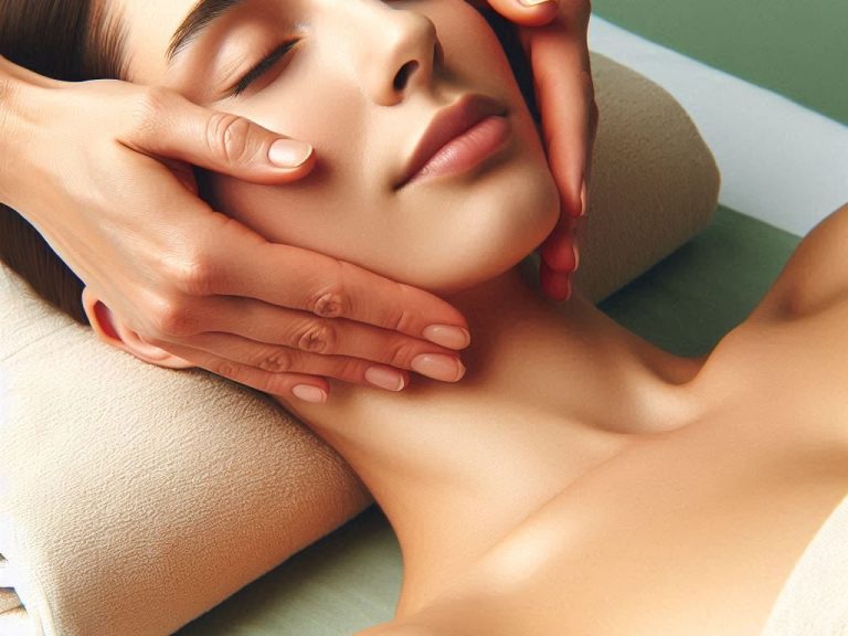Eine Person erhält eine Gesichtsmassage mit sanften Handbewegungen.