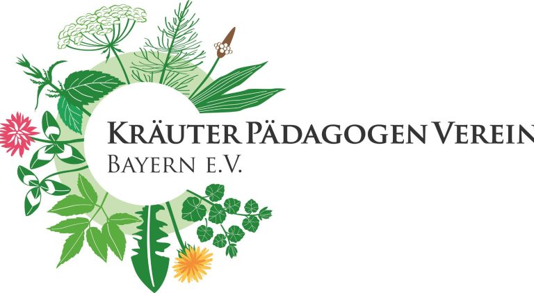 KräuterpadagogenVerein, Logo Ein Schriftzug mit Blumen und Pflanzen kreisförmig darum angeordnet.
